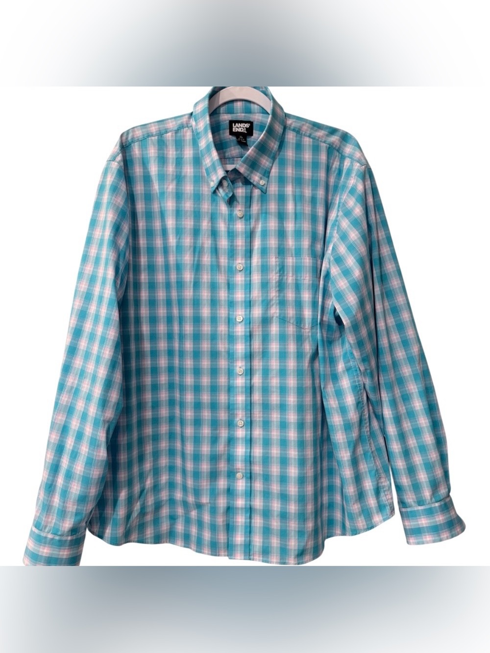 Lands’ End men’s XL long sleeve button down plaid turquoise, white & pink shirt